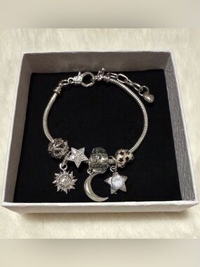 Stainless Steel Silver Moon & Star Charm Bracelet - Silver